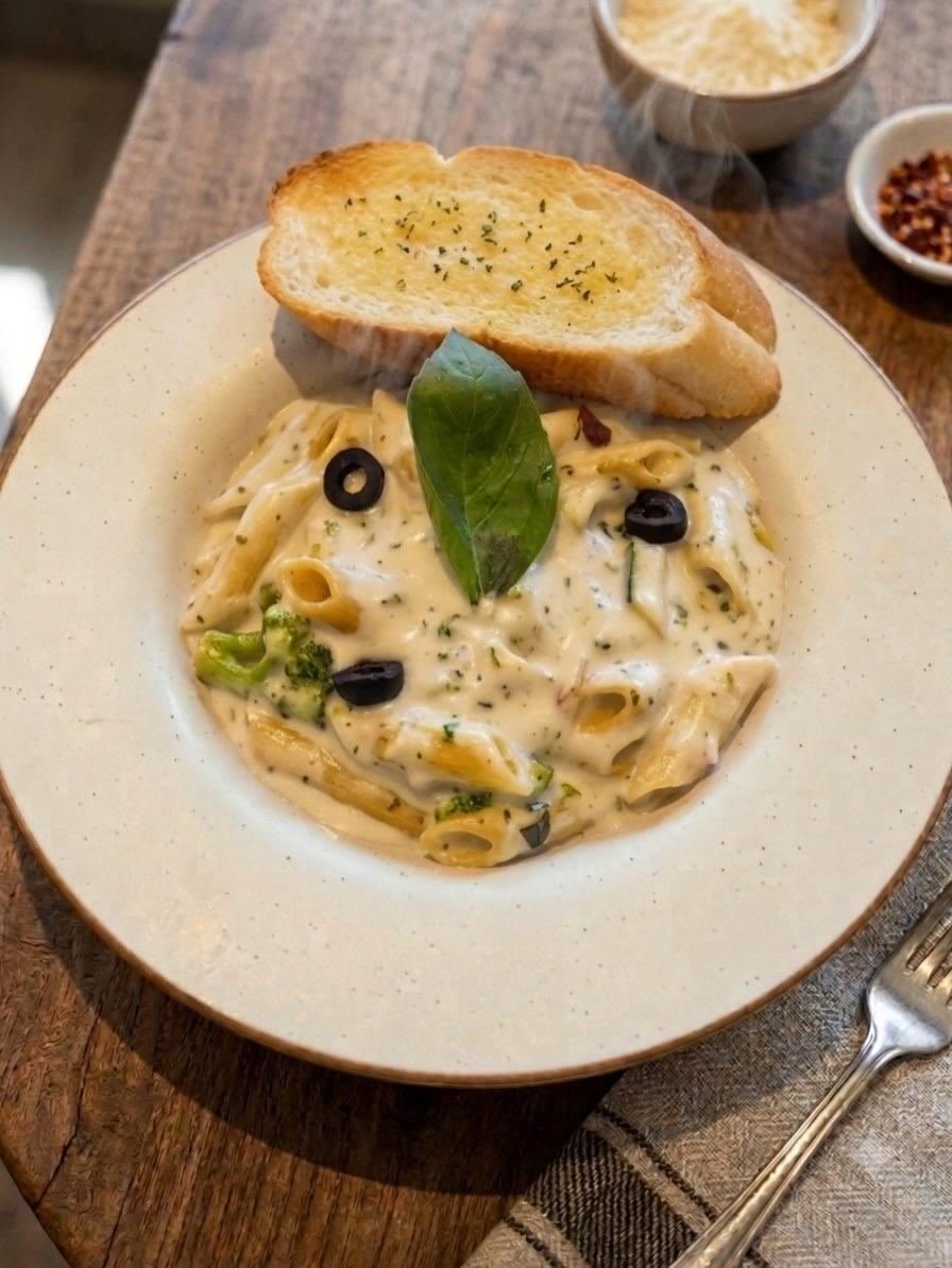 Penne alfredo with garlic bread