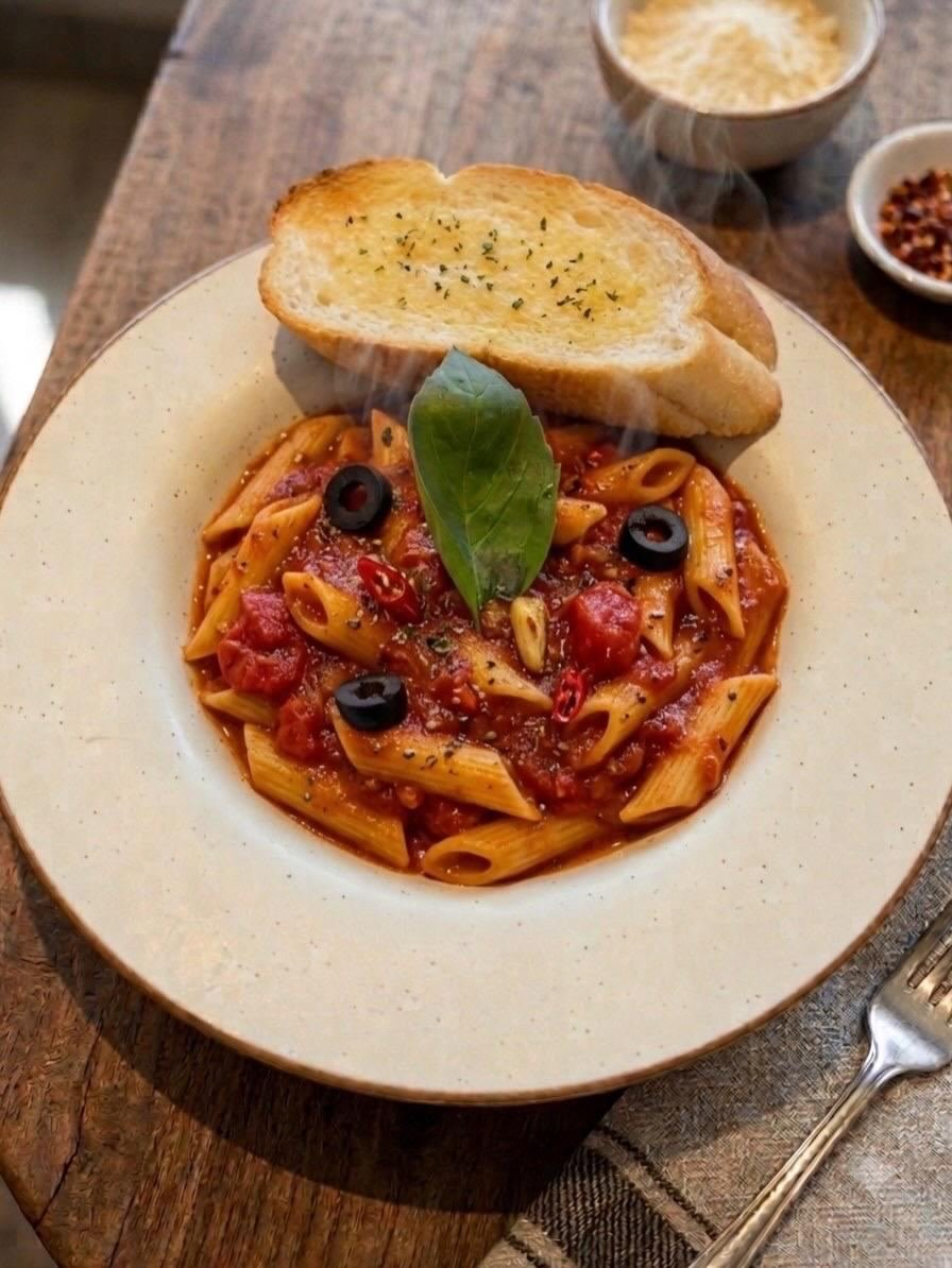 Penne arrabiata with garlic bread