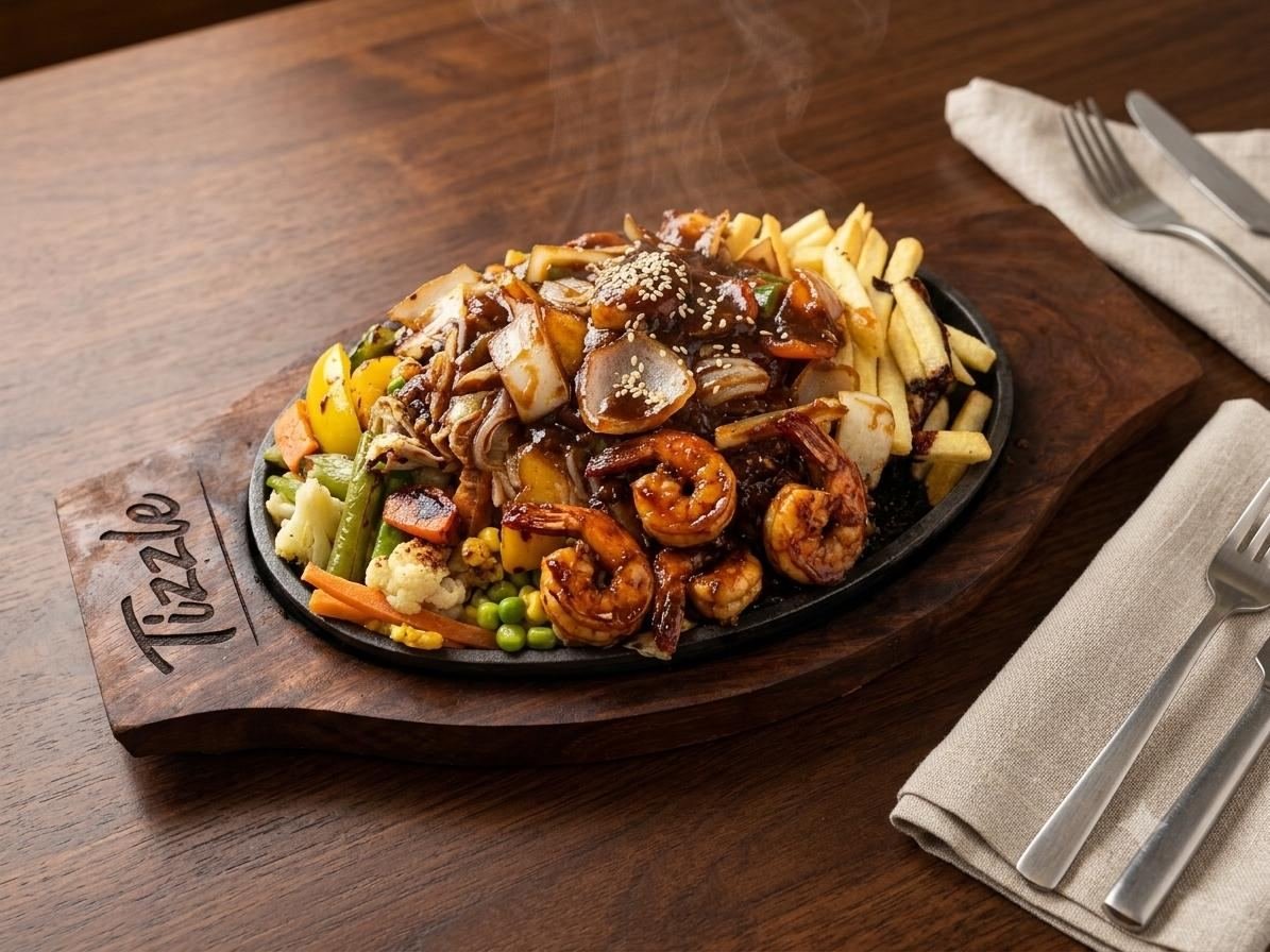 Prawns teriyaki sizzler on Tizzle wooden board
